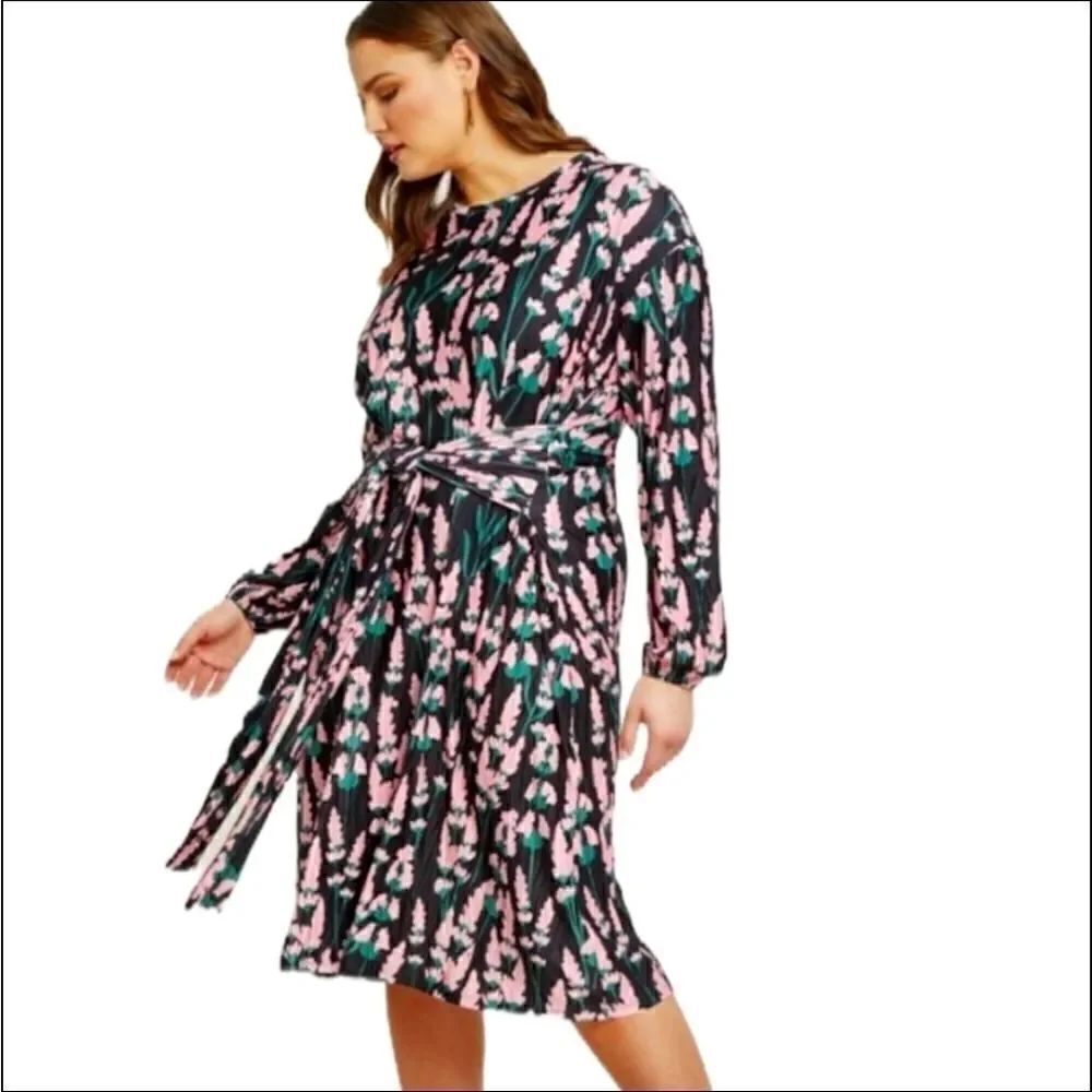 Eloquii Black With Pink Floral Midi Long Sleeve Dress Sz 14/16